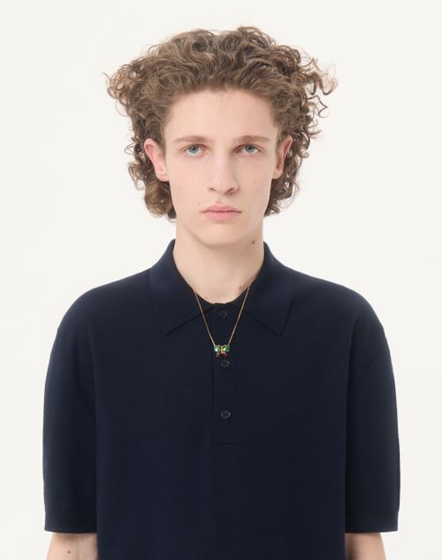 Valentino - Vロゴ エンブロイダリー ウール ポロシャツ - ネイビー - メンズ - ニット